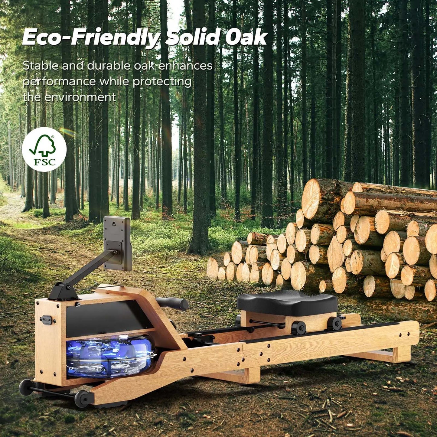 Oak Wood Water Rowing Machine with 12-Blade Resistance | 350 lb Capacity, Bluetooth LCD, 15L Tank & Upright Storage