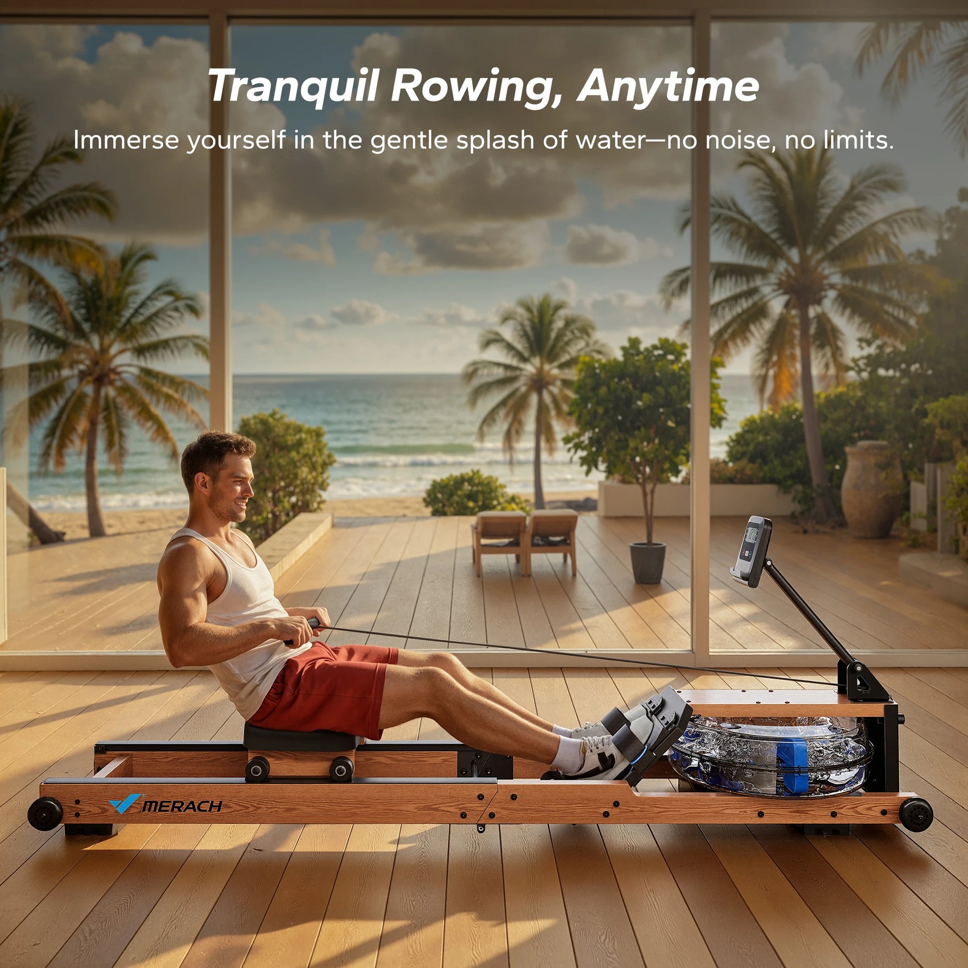 Foldable Solid Wood Water Rowing Machine | Natural Resistance, Bluetooth App, Workout Monitor, 400 lb Capacity & Upright Storage