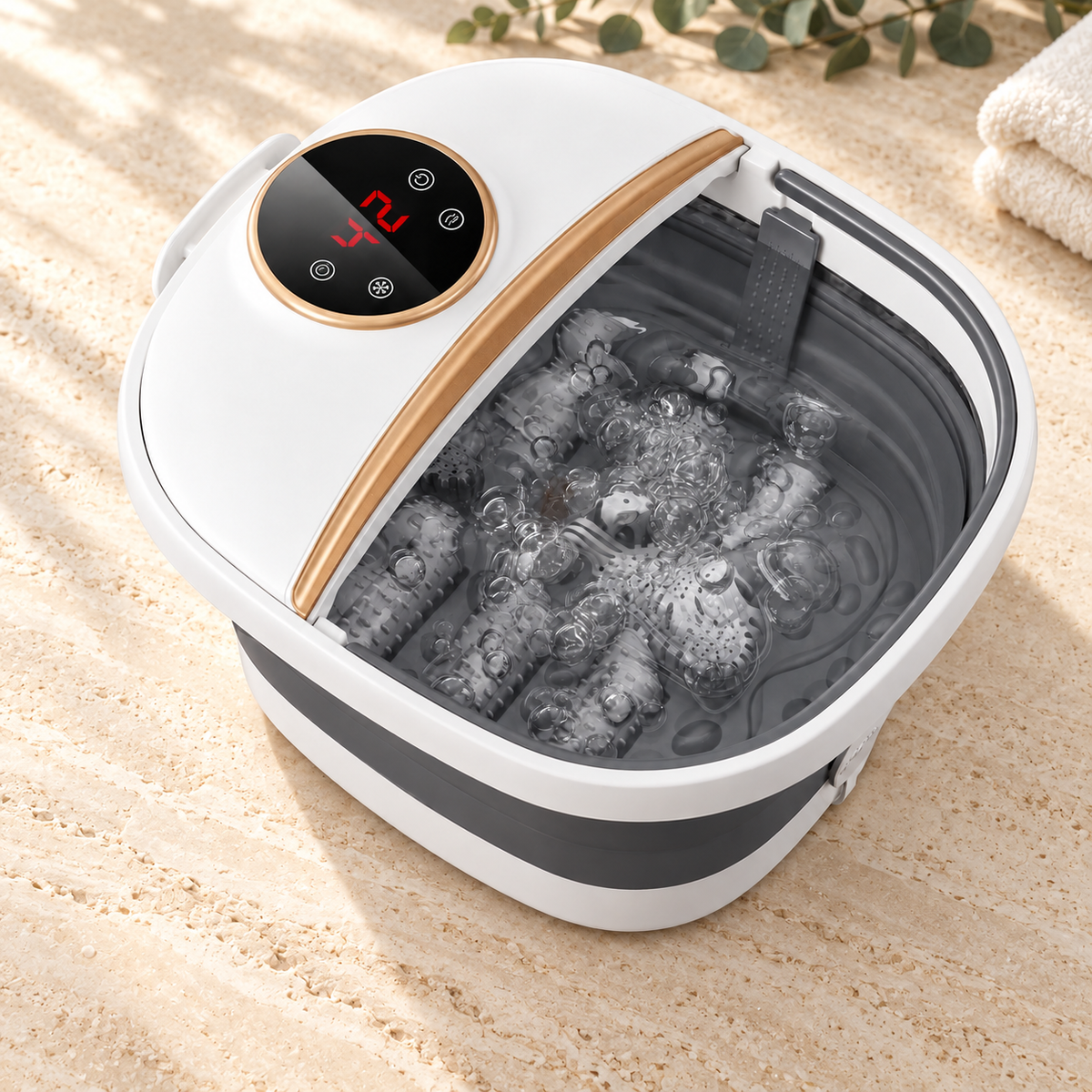 Collapsible Heated Foot Spa Bath with Bubbles, Manual Rollers and Timer White