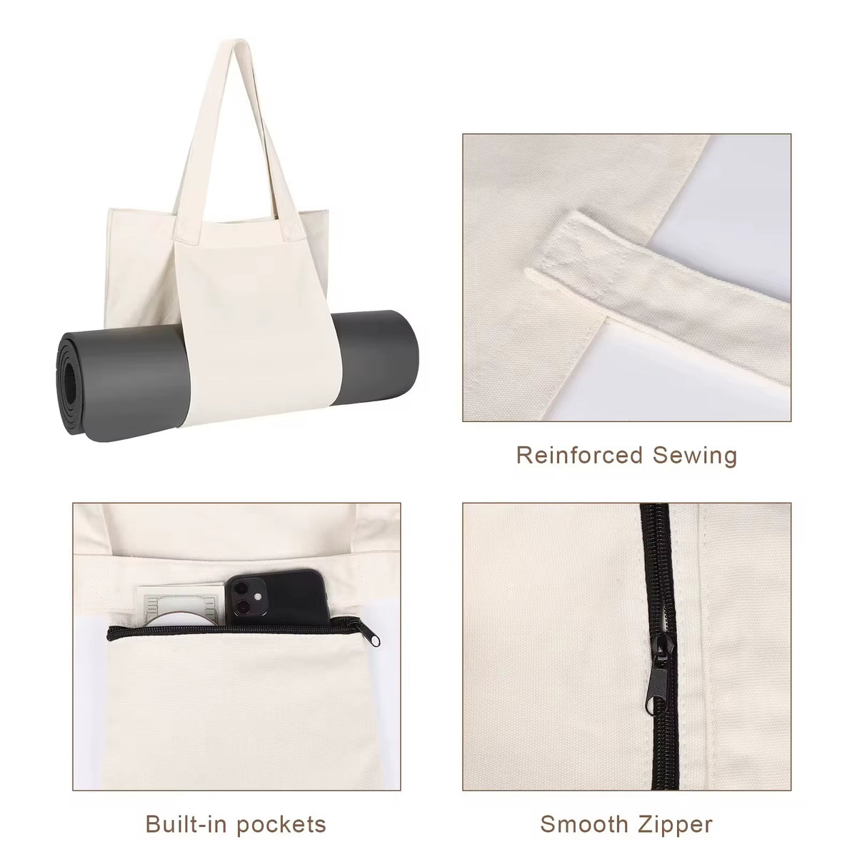 Canvas Yoga Mat Tote Bag with Mat Holder and Zipper Pocket