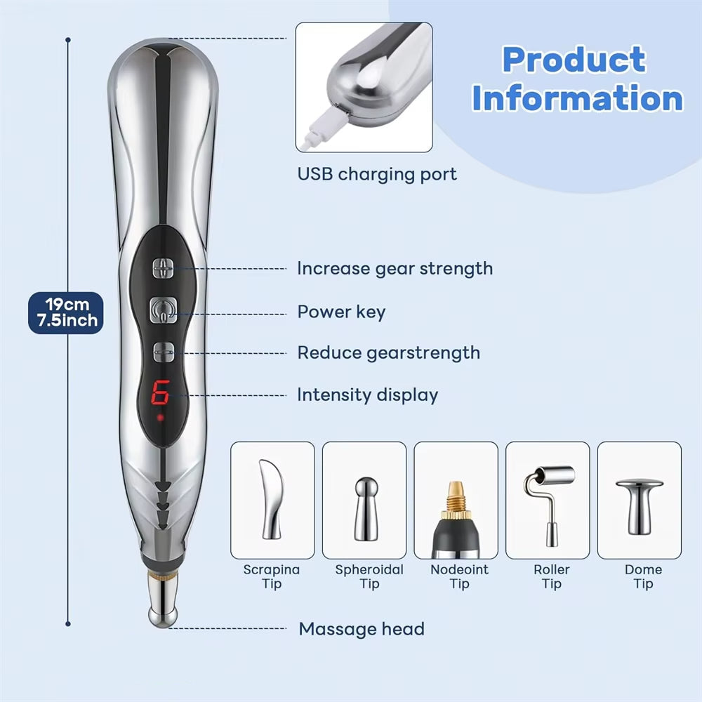 Electric Acupuncture Pen for Pain Relief | Needle-Free Microcurrent Meridian Therapy Device with 5 Heads, Muscle Recovery & USB-C Charging