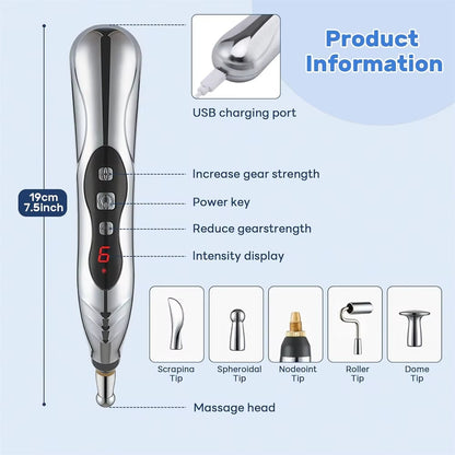 Electric Acupuncture Pen for Pain Relief | Needle-Free Microcurrent Meridian Therapy Device with 5 Heads, Muscle Recovery & USB-C Charging