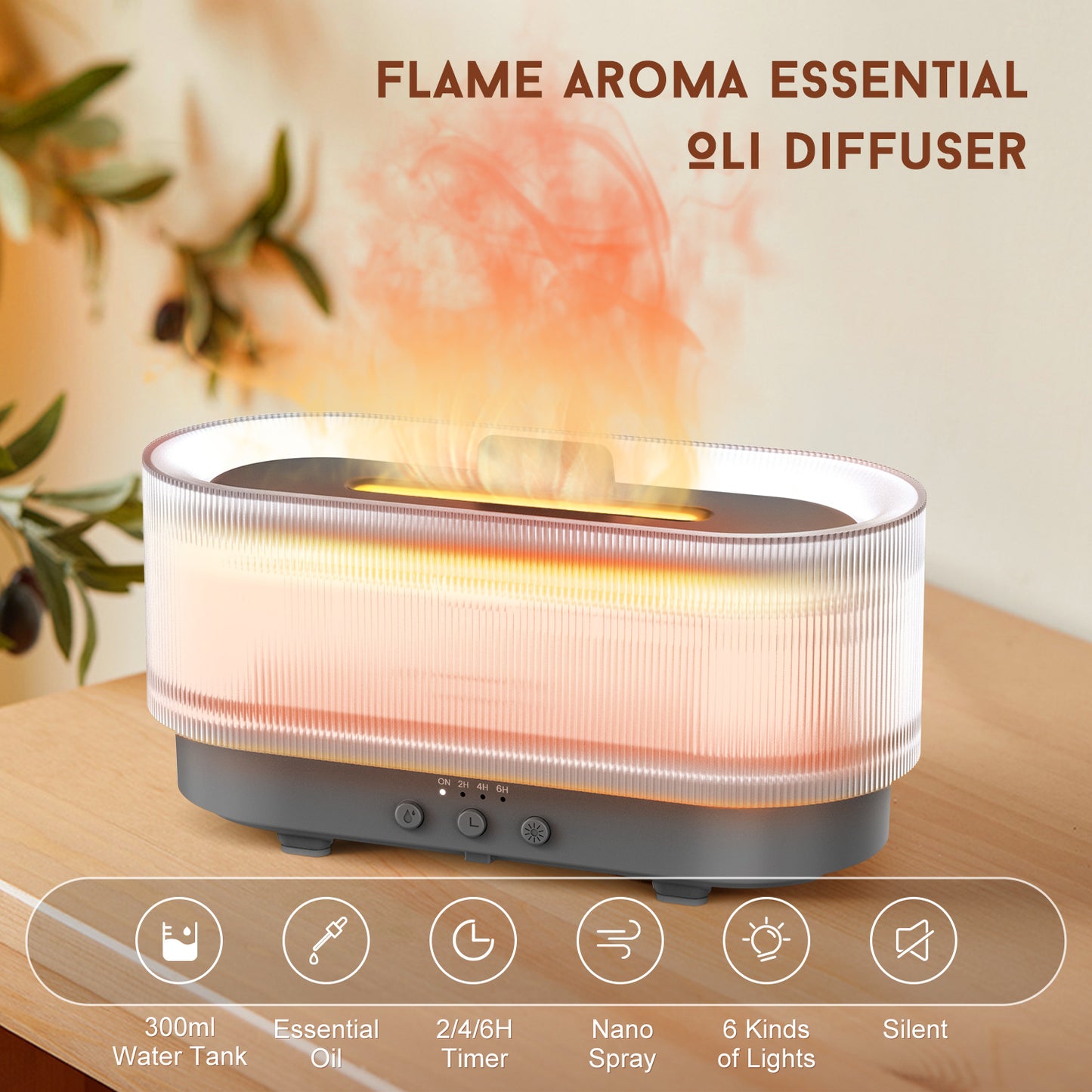 Flame Effect Essential Oil Diffuser 300ml | Ultrasonic Mist, LED Flames, 12H Runtime