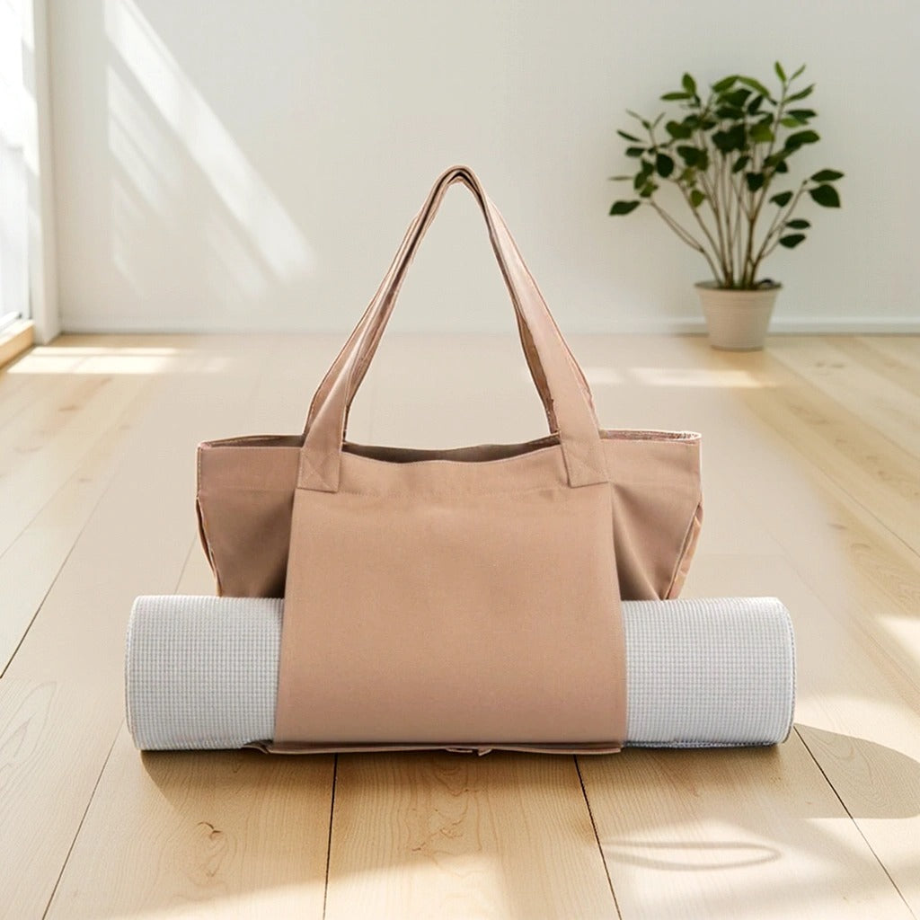 Yoga Mat Carry Bag | Canvas Yoga Mat Tote with Adjustable Strap & Extra Storage | Lightweight Mat Carrier for Gym, Studio & Travel Apricot