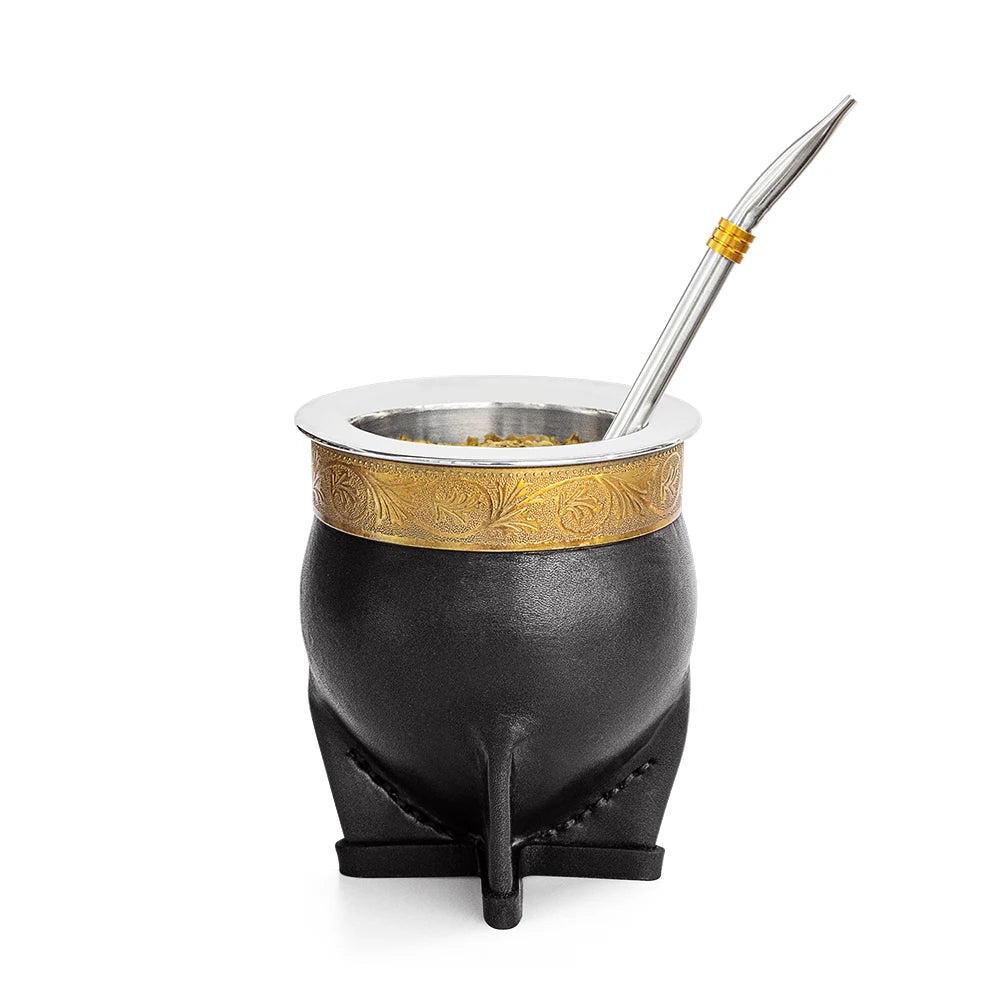 Premium Stainless Steel Yerba Mate Gourd Set | Gold Mate Cup with Bombilla Straw & Cleaning Brush Black