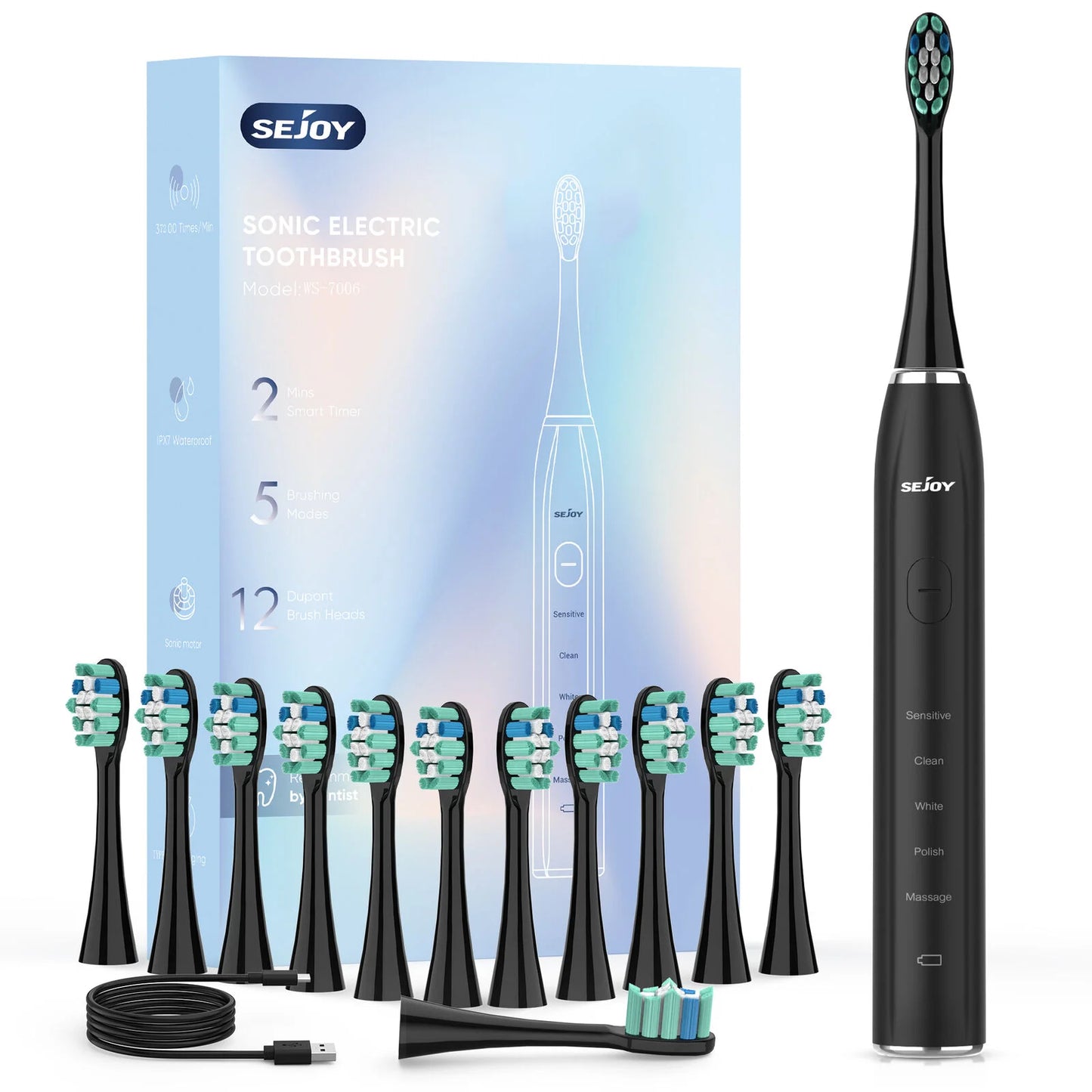 Sonic Electric Toothbrush | 37,200 Vibrations/min Deep Clean | 5 Modes, 12 Brush Heads, 30-Day Battery | Dentist-Level Oral Care & Travel-Friendly Design Black