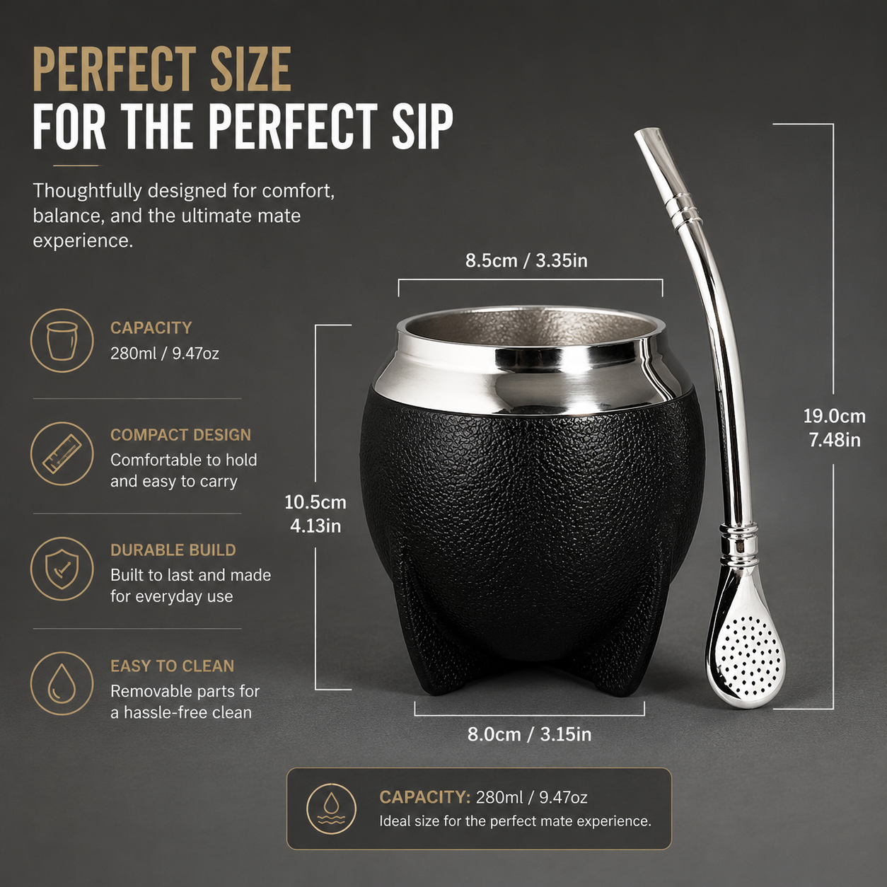 Yerba Mate Gourd Set | Premium Insulated Stainless Steel Mate Cup with Bombilla Straw, Cleaning Brush & 10oz Travel Design
