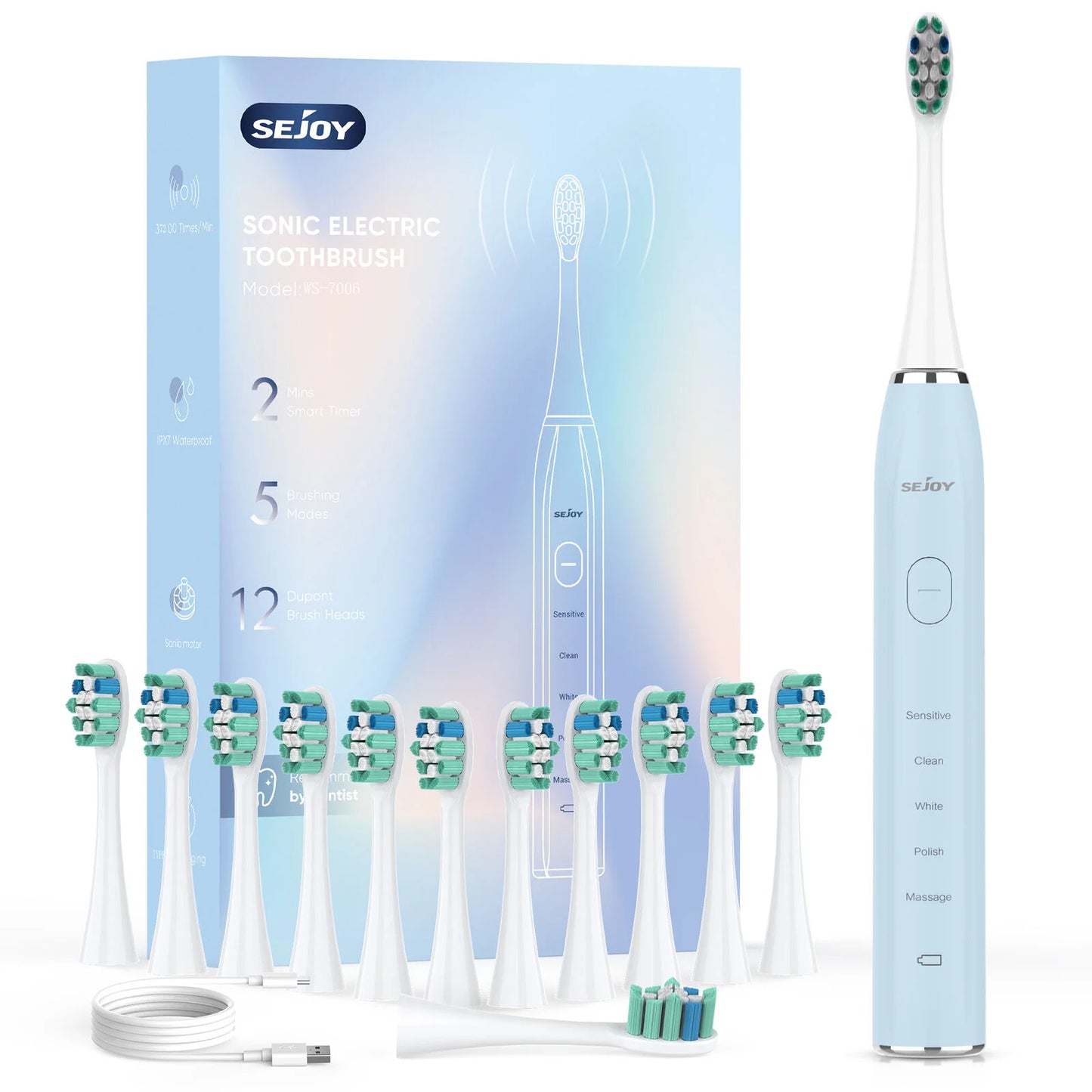 Sonic Electric Toothbrush | 37,200 Vibrations/min Deep Clean | 5 Modes, 12 Brush Heads, 30-Day Battery | Dentist-Level Oral Care & Travel-Friendly Design Blue
