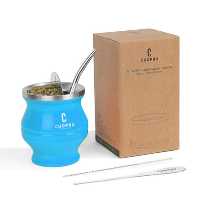 Premium Stainless Steel Yerba Mate Cup | Double-Wall Insulated Mate Gourd Set with Bombilla Straw Blue