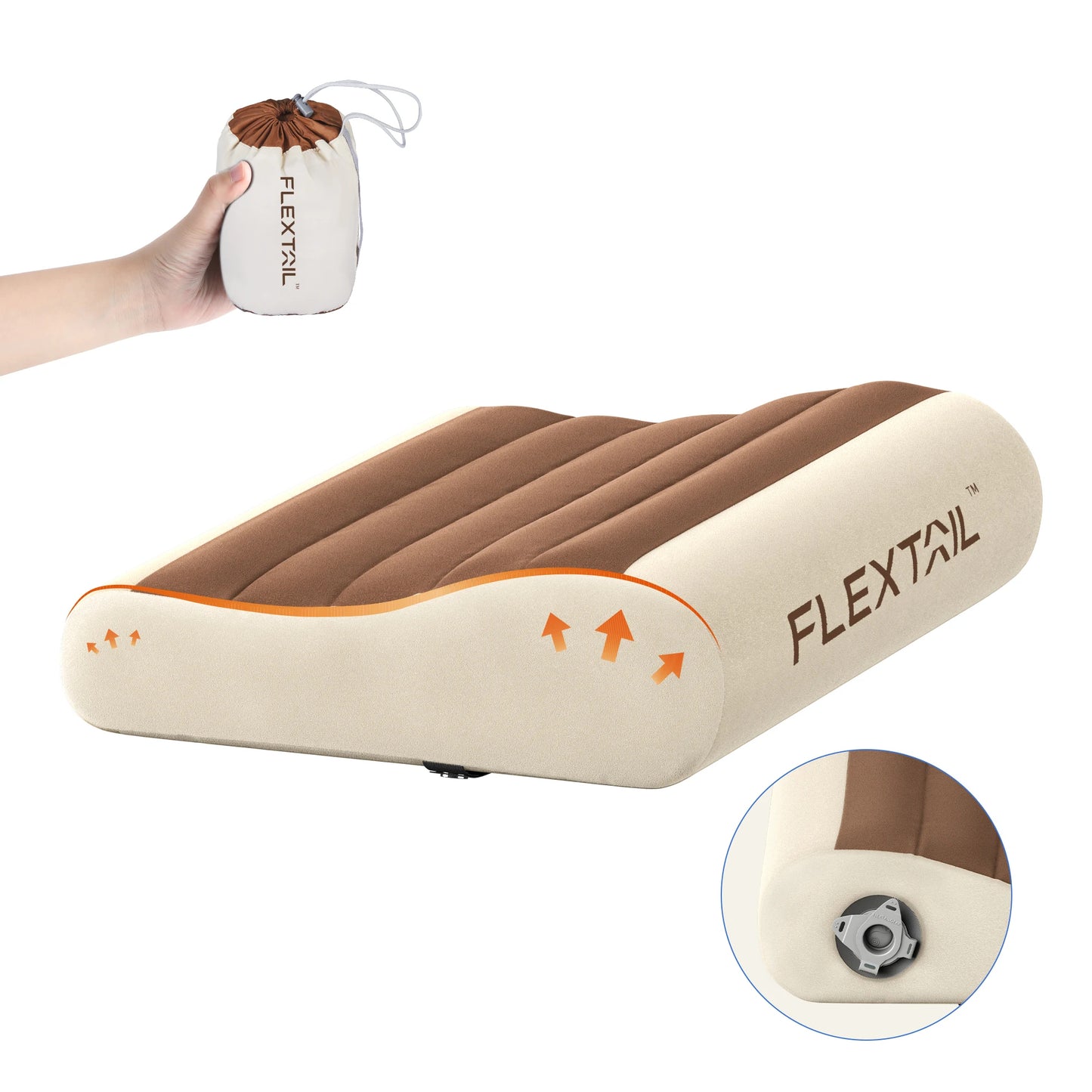 Inflatable Travel Pillow | Ergonomic Neck Support Pillow with Adjustable Height, Breathable Cover & Compact Design Brown