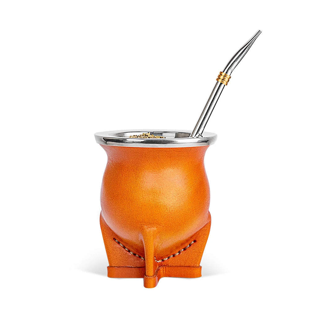 Ceramic Yerba Mate Gourd Cup | Porcelain Mate Tea Cup with Bombilla Straw & Cleaning Brush for Loose Leaf Tea Orange
