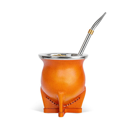 Ceramic Yerba Mate Gourd Cup | Porcelain Mate Tea Cup with Bombilla Straw & Cleaning Brush for Loose Leaf Tea Orange