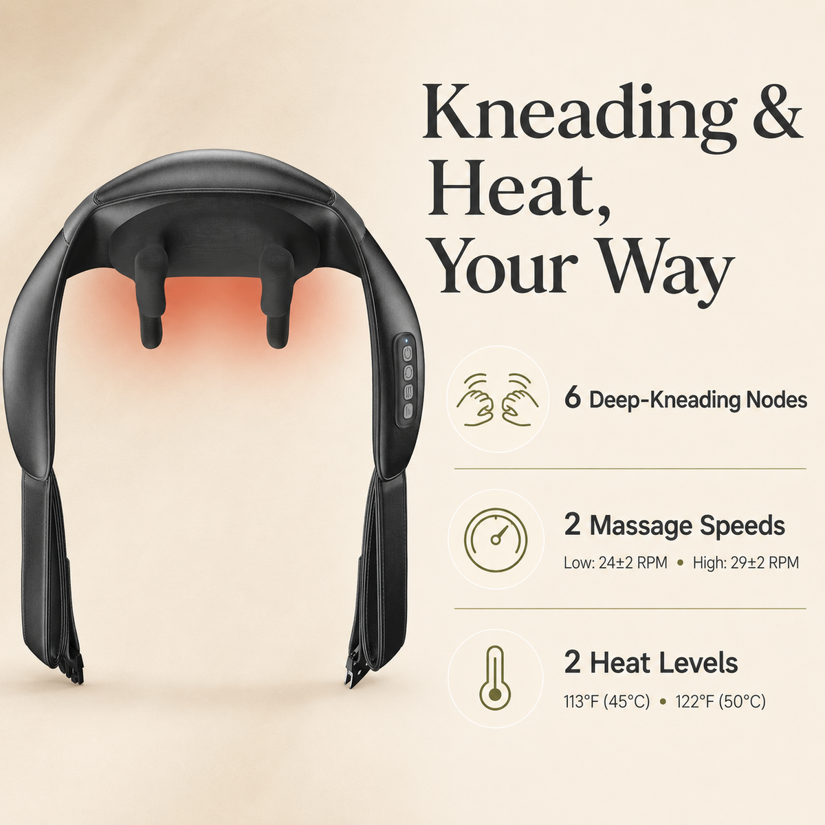 Cordless Neck and Shoulder Massager with Heat, Shiatsu Kneading, 6 Nodes