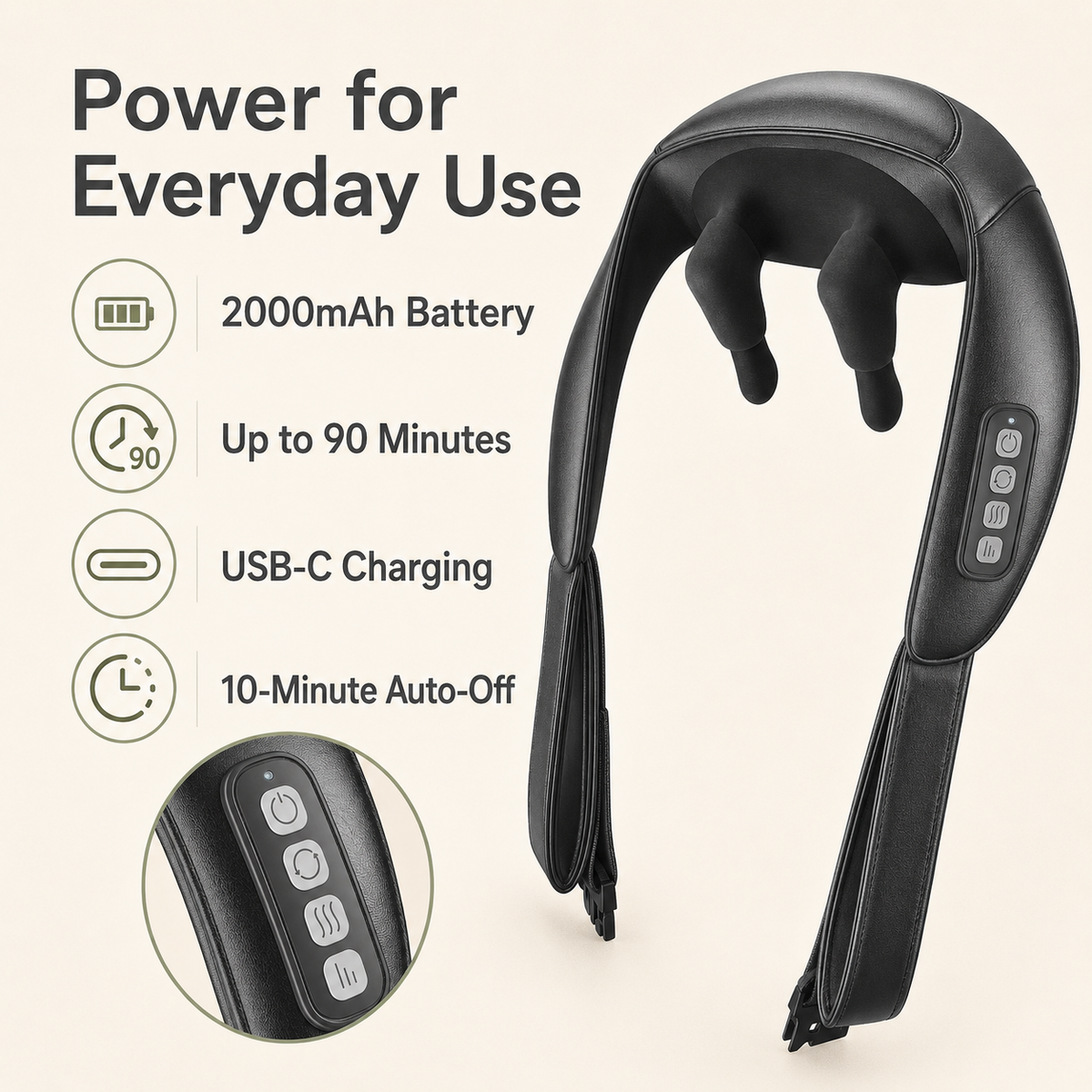 Cordless Neck and Shoulder Massager with Heat, Shiatsu Kneading, 6 Nodes
