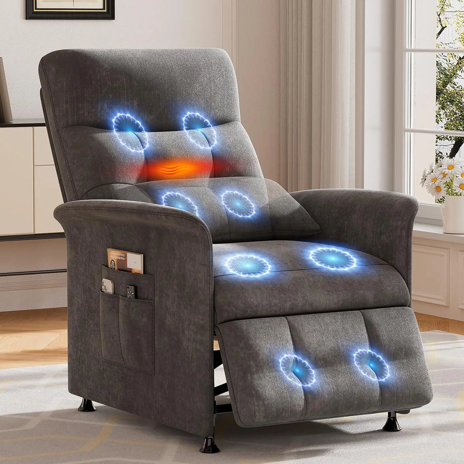 Power Recliner Chair with Massage and Heat | Electric Reclining Chair with 8 Vibration Nodes, Footrest & Side Pockets Grey