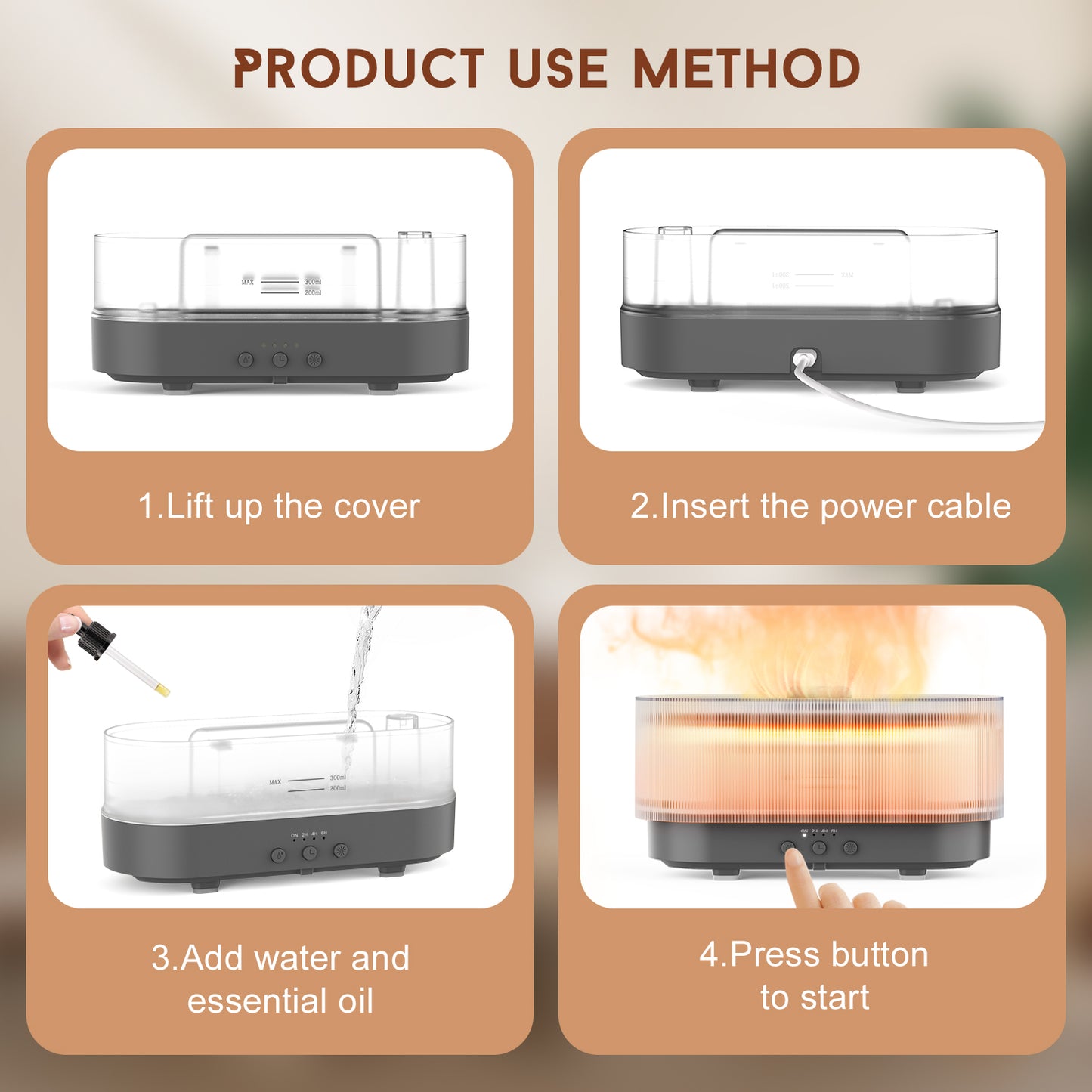 Flame Effect Essential Oil Diffuser 300ml | Ultrasonic Mist, LED Flames, 12H Runtime