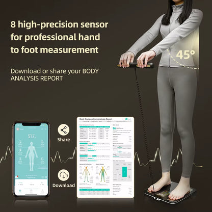 8-Electrode Smart Body Composition Scale with Retractable Handle | Dual-Frequency Segmental BIA, Color Display, App Sync & 400 lb Capacity