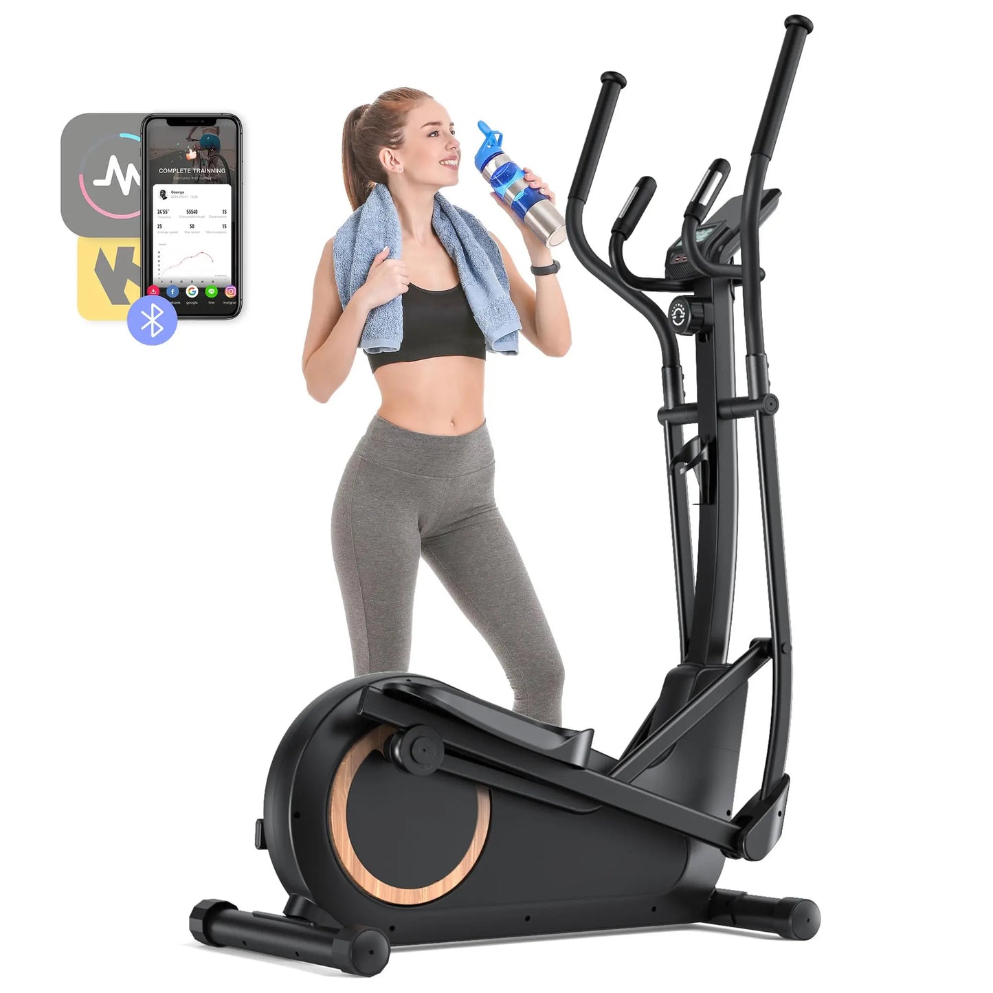 Magnetic Elliptical Machine with 18.5-Inch Stride | 8 Resistance Levels, LCD Monitor, Heart Rate Sensors, 400 lb Capacity & Self-Powered Design