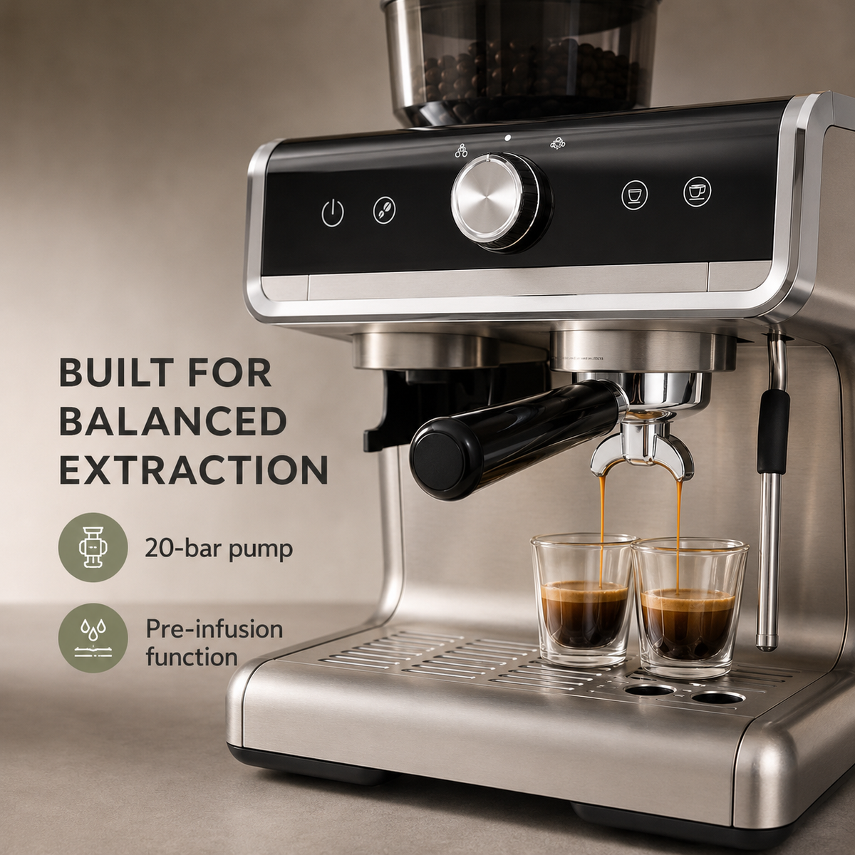Semi-Automatic Espresso Machine with Burr Grinder, 30 Settings and Steam Wand