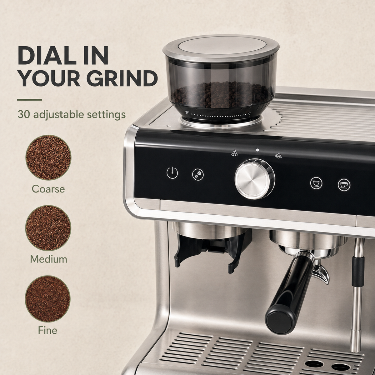 Semi-Automatic Espresso Machine with Burr Grinder, 30 Settings and Steam Wand