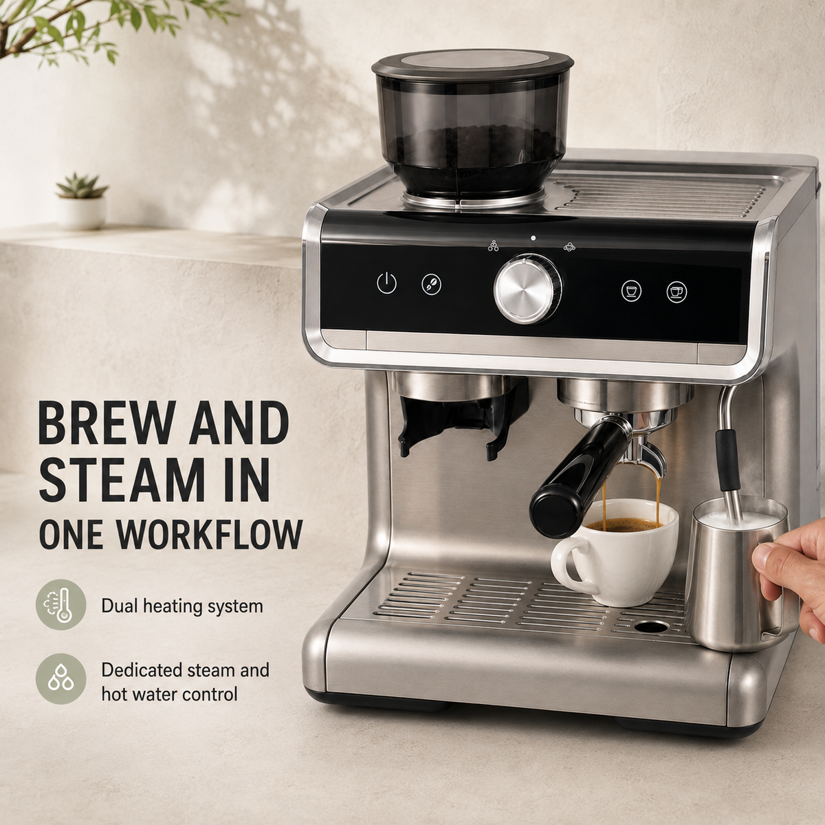 Semi-Automatic Espresso Machine with Burr Grinder, 30 Settings and Steam Wand