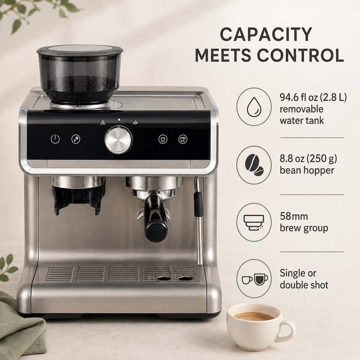 Semi-Automatic Espresso Machine with Burr Grinder, 30 Settings and Steam Wand