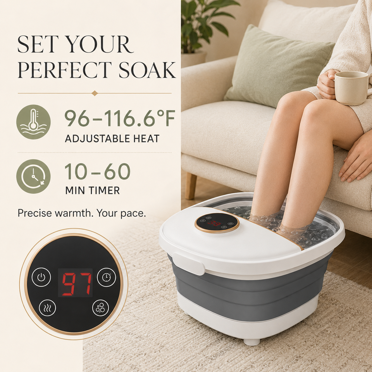 Foldable Foot Spa Bath Massager with Heat, Bubbles, 6 Massage Rollers, Temperature Control and Timer for Home Use