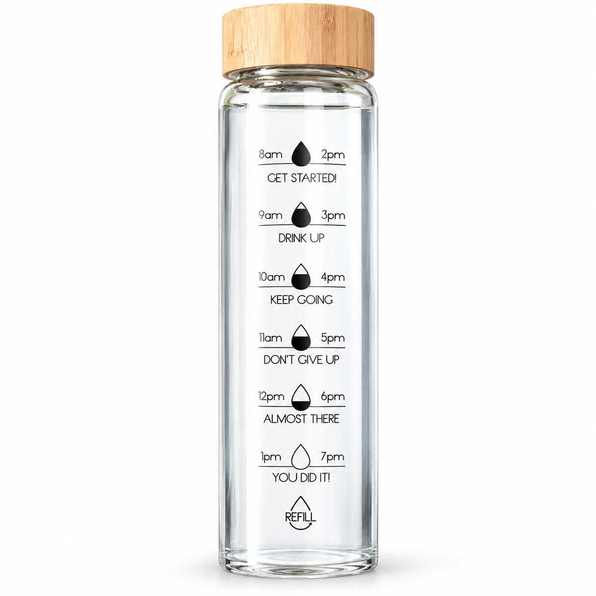 Glass Water Bottle with Time Markings and Bamboo Lid 32oz