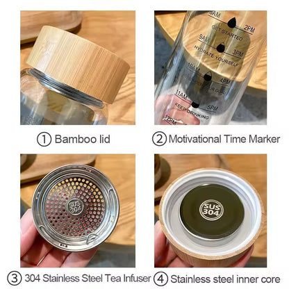 Glass Water Bottle with Time Markings | Borosilicate, Leakproof Bamboo Lid | Eco-Friendly, BPA-Free, Reusable Hydration Bottle 24oz / 32oz