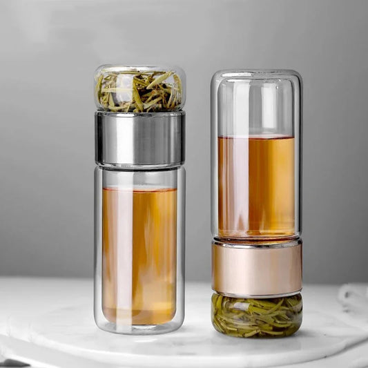 Glass Tea Infuser Bottle | Double-Wall Borosilicate Glass Tumbler with Stainless Steel Filter, Leakproof Lid & Sleeve | Hot & Cold Eco-Friendly Travel Bottle 14oz