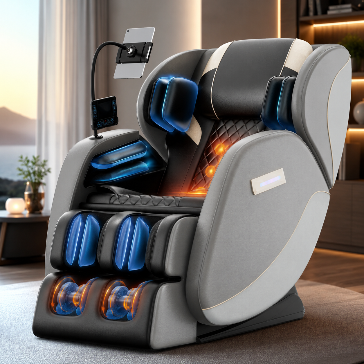 Zero Gravity Full Body Massage Chair with 6 Rollers | 24 Airbags, Waist and Leg Heat, Foot Rollers, Bluetooth & Touchscreen Gray