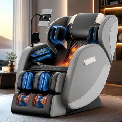 Zero Gravity Full Body Massage Chair with 6 Rollers | 24 Airbags, Waist and Leg Heat, Foot Rollers, Bluetooth & Touchscreen Gray