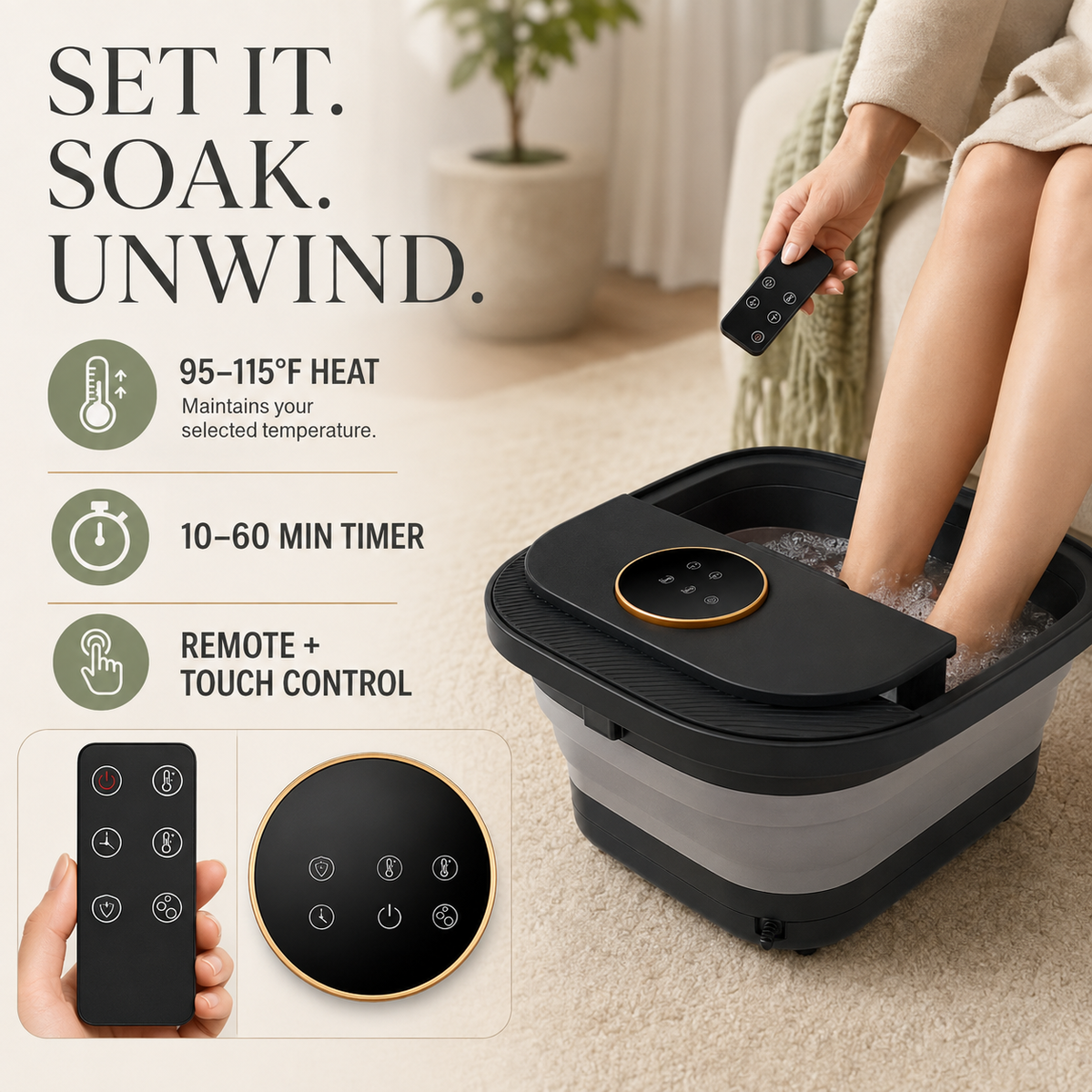 Collapsible Foot Spa with Heat, Bubbles, Manual Rollers and Remote