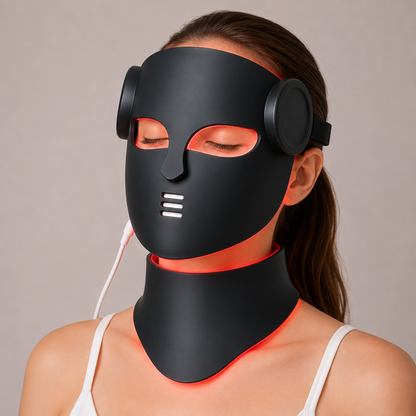 LED Face Mask with Neck Light Therapy | Red Light Therapy Mask for Wrinkles, Acne, Skin Brightening & Face Care Mask and Neck Black