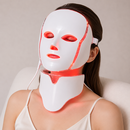 LED Face Mask with Neck Light Therapy | 7-Color Red Light Therapy Mask for Skin Firming, Wrinkles, Pores & Acne Care