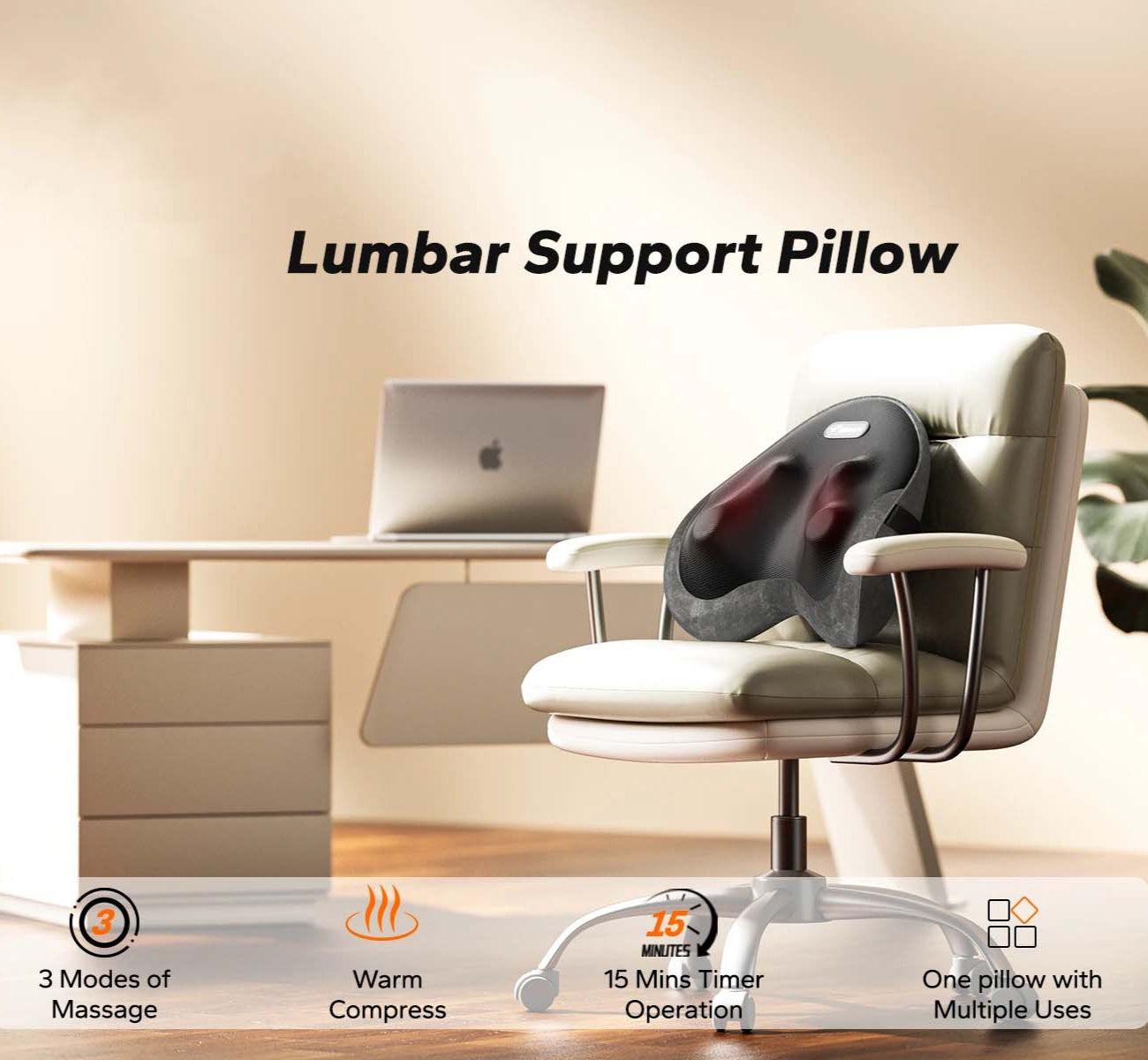 Heated Shiatsu Lumbar Support Pillow with 4 Rotating Nodes | Memory Foam Back Cushion, Reversible Kneading & Washable Cover