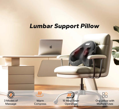 Heated Shiatsu Lumbar Support Pillow with 4 Rotating Nodes | Memory Foam Back Cushion, Reversible Kneading & Washable Cover