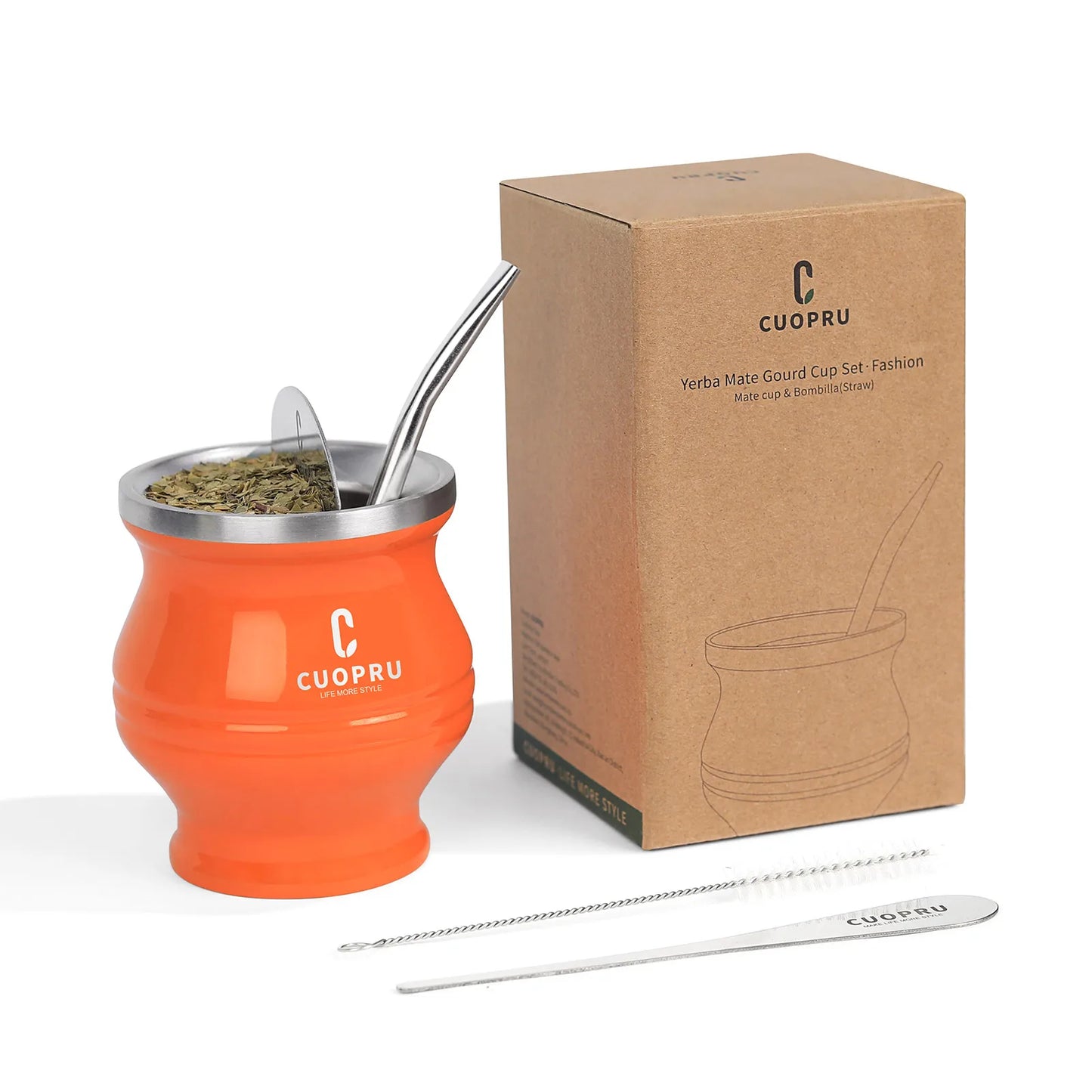 Premium Stainless Steel Yerba Mate Cup | Double-Wall Insulated Mate Gourd Set with Bombilla Straw Orange