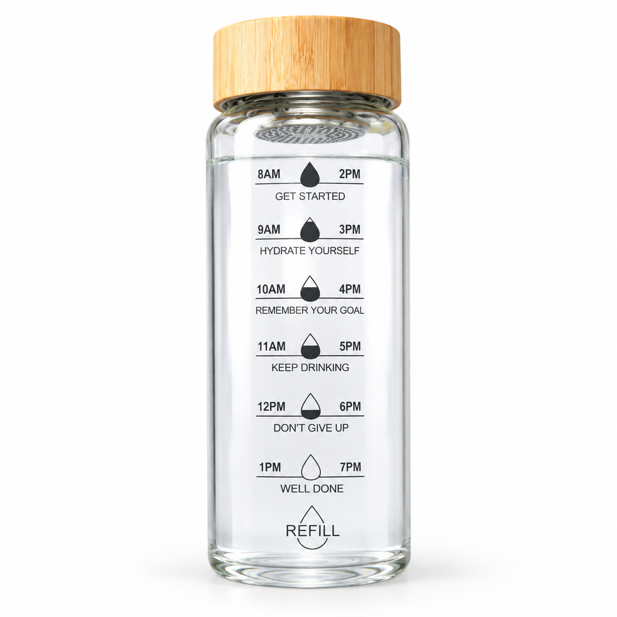 Glass Water Bottle with Time Markings and Bamboo Lid 24oz