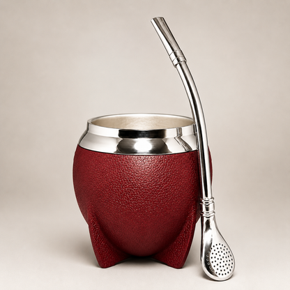 Yerba Mate Gourd Set | Premium Insulated Stainless Steel Mate Cup with Bombilla Straw, Cleaning Brush & 10oz Travel Design Red
