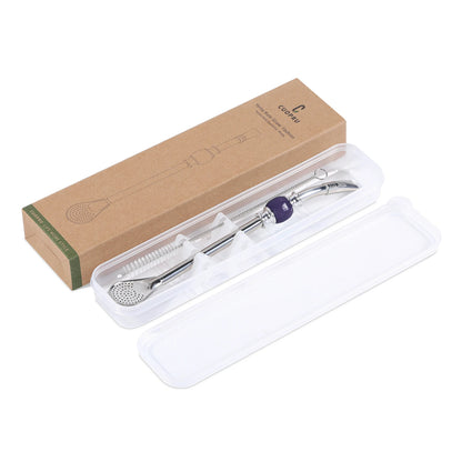 Stainless Steel Bombilla Straw Set | Reusable Yerba Mate Filter Straws with Cleaning Brushes Purple