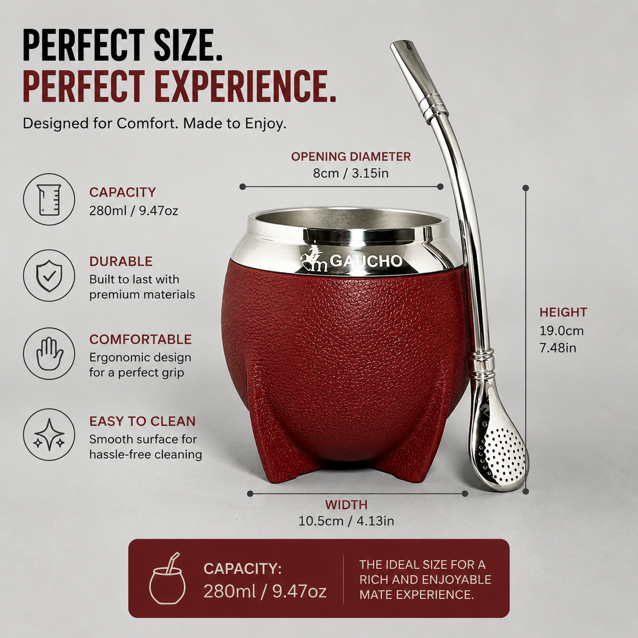 Yerba Mate Gourd Set | Premium Insulated Stainless Steel Mate Cup with Bombilla Straw, Cleaning Brush & 10oz Travel Design