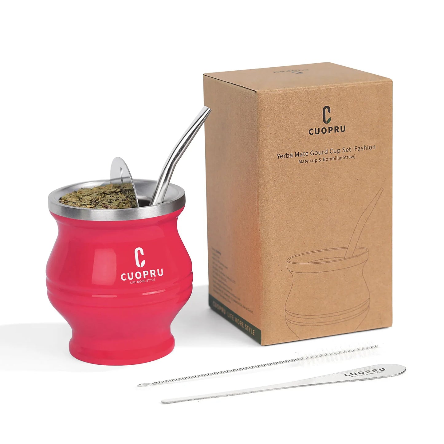Premium Stainless Steel Yerba Mate Cup | Double-Wall Insulated Mate Gourd Set with Bombilla Straw Rosy