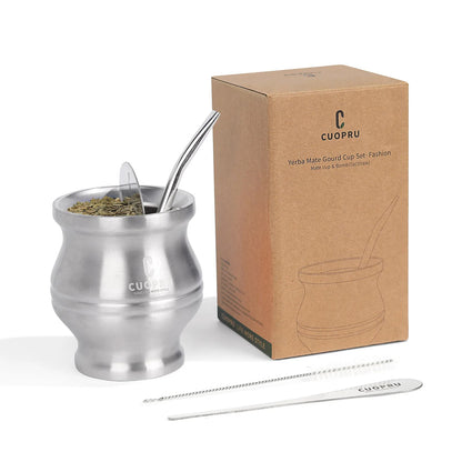 Premium Stainless Steel Yerba Mate Cup | Double-Wall Insulated Mate Gourd Set with Bombilla Straw Grey