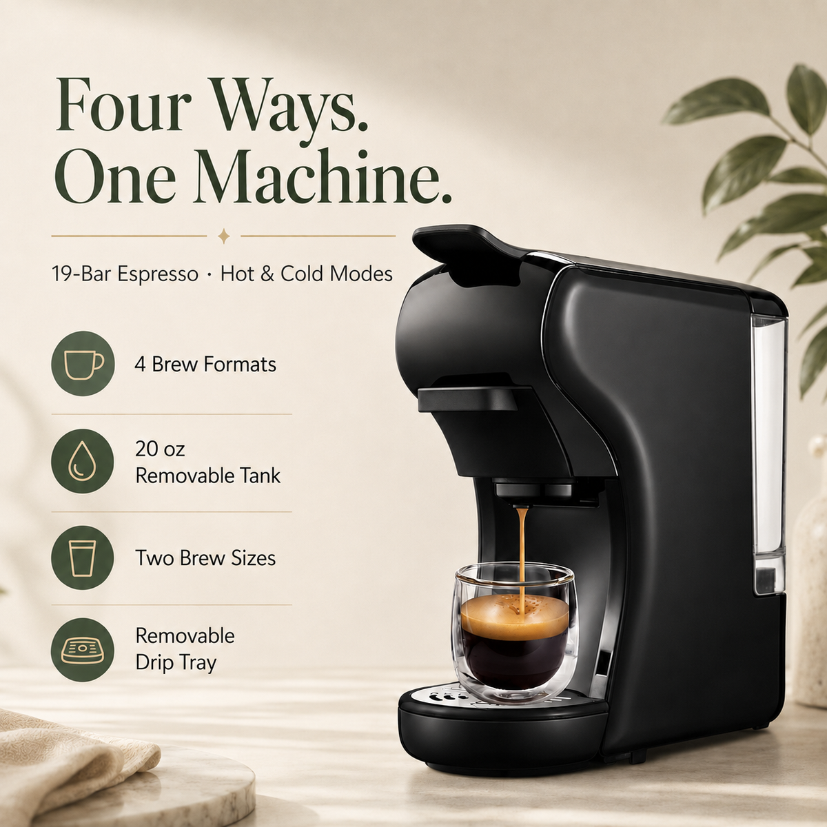 Multi-Capsule Coffee Maker with Ground Coffee Adapter, Short and Lungo Settings