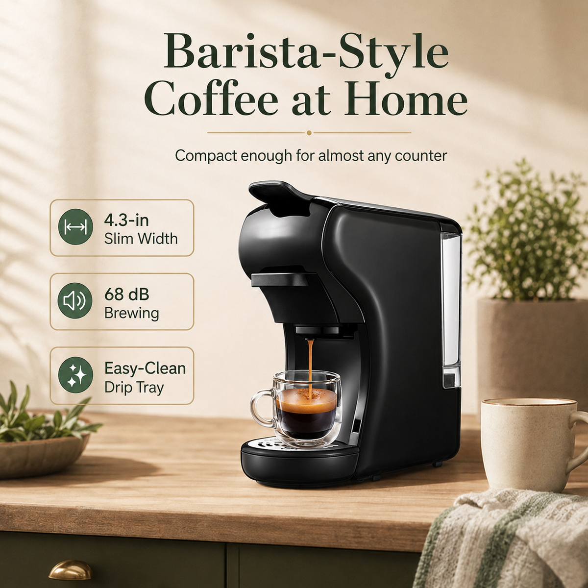 Multi-Capsule Coffee Maker with Ground Coffee Adapter, Short and Lungo Settings