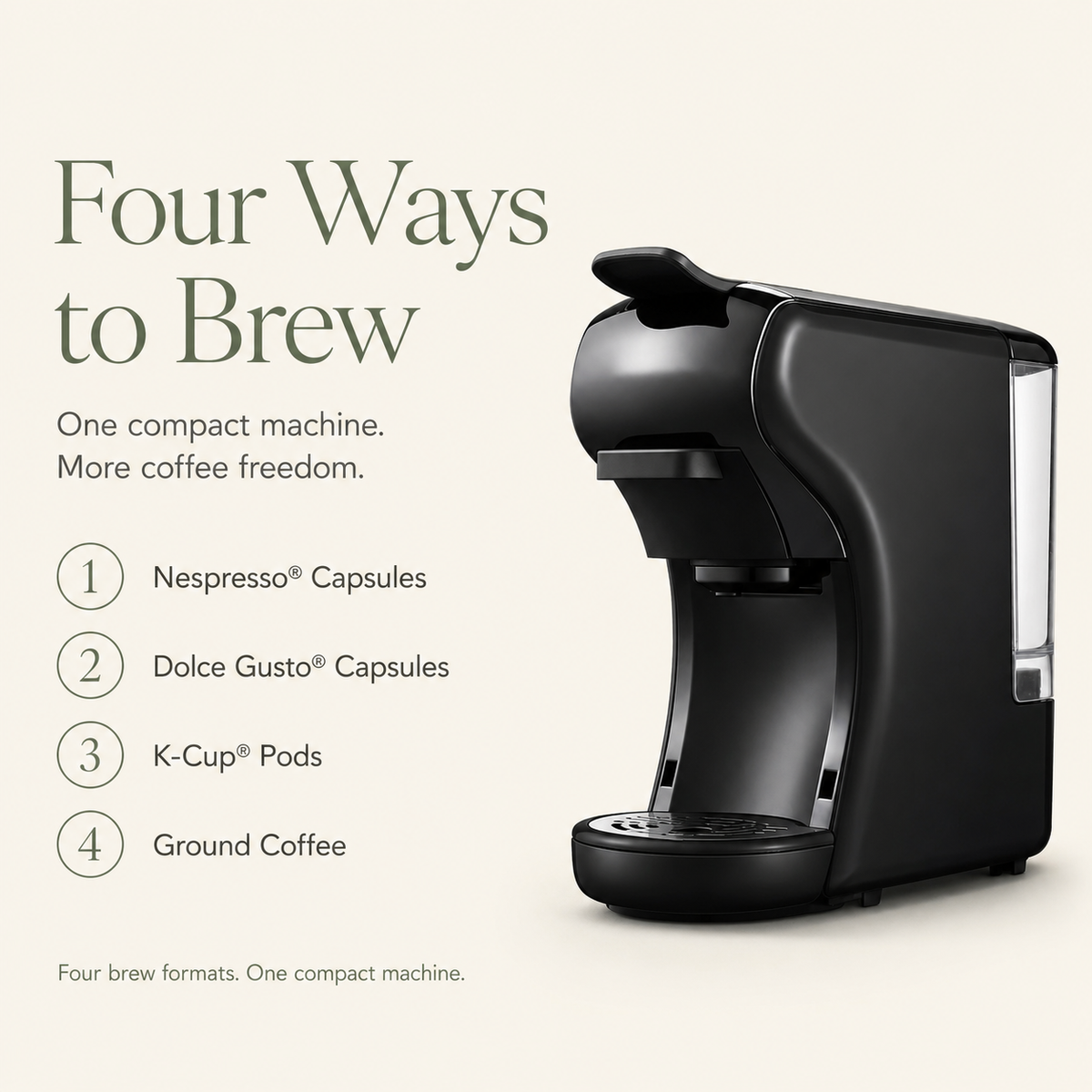 Multi-Capsule Coffee Maker with Ground Coffee Adapter, Short and Lungo Settings
