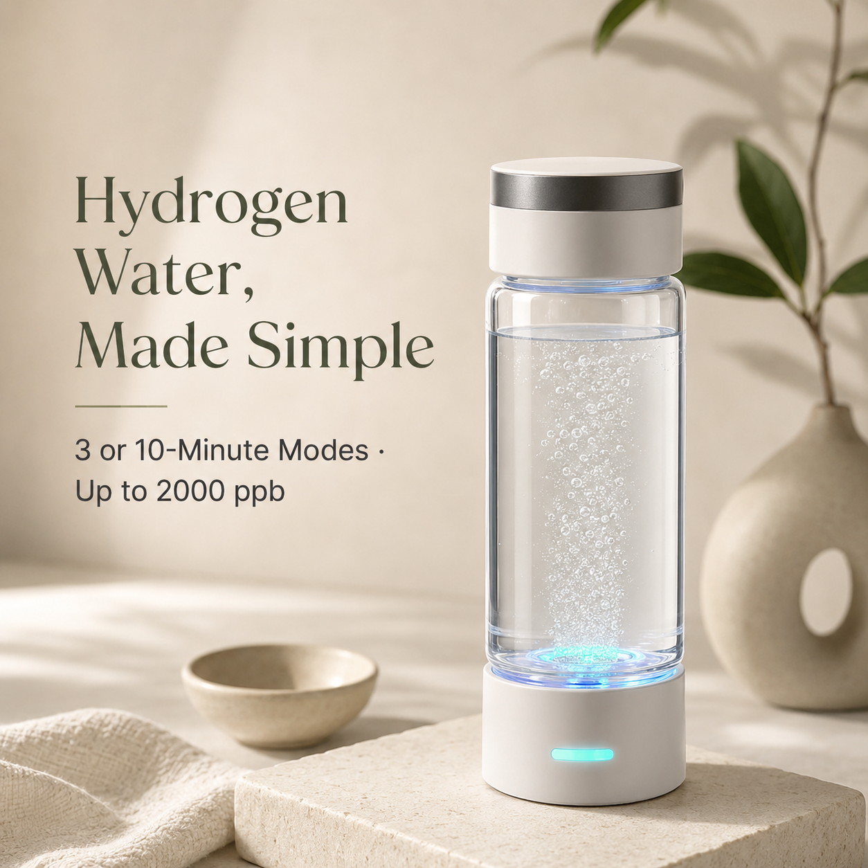 380ml Hydrogen Water Bottle Generator | 1000–2000 PPB, 3 & 10-Minute Cycles, USB-C, Self-Cleaning and Inhalation Kit