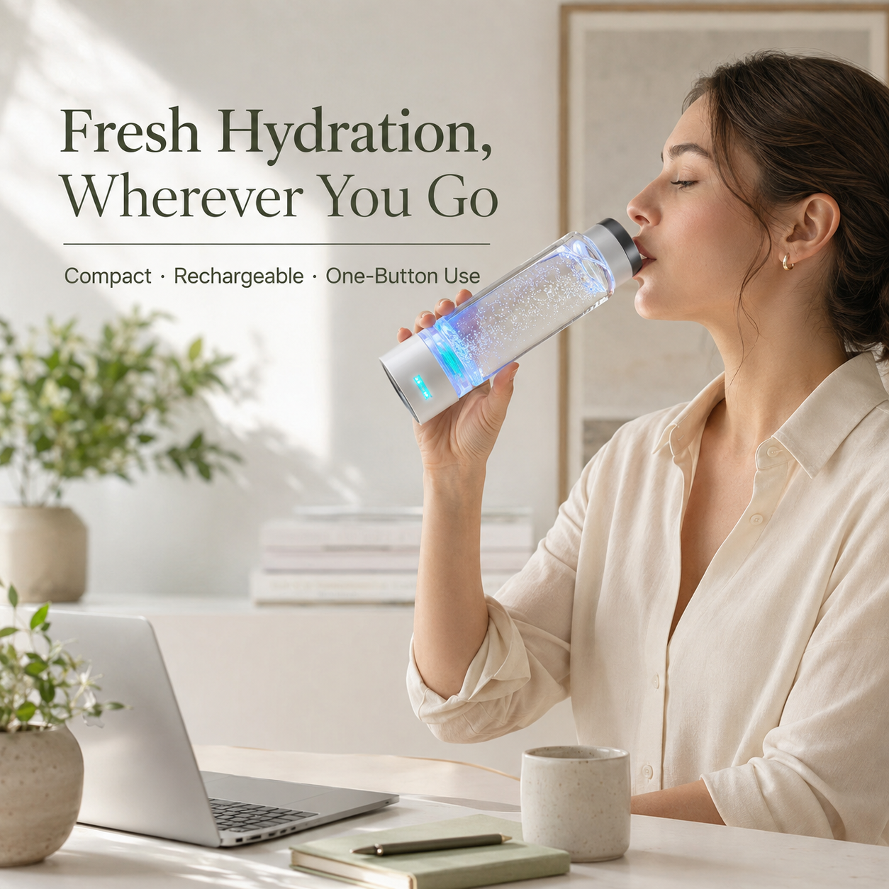 380ml Hydrogen Water Bottle Generator | 1000–2000 PPB, 3 & 10-Minute Cycles, USB-C, Self-Cleaning and Inhalation Kit