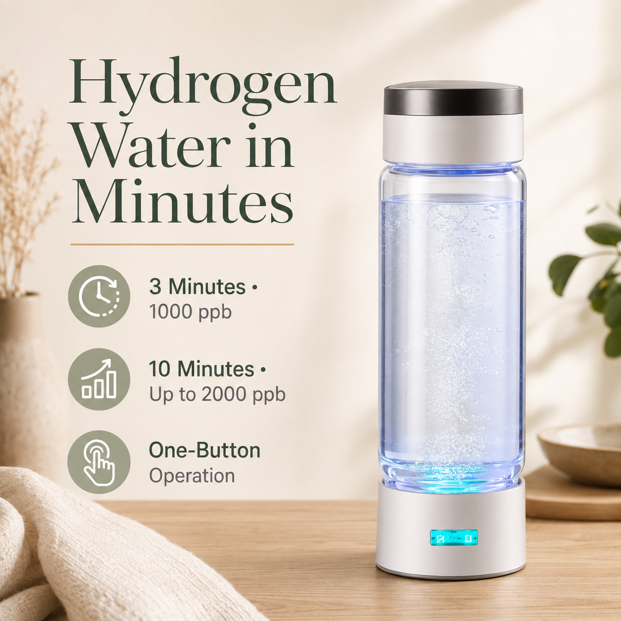 380ml Hydrogen Water Bottle Generator | 1000–2000 PPB, 3 & 10-Minute Cycles, USB-C, Self-Cleaning and Inhalation Kit